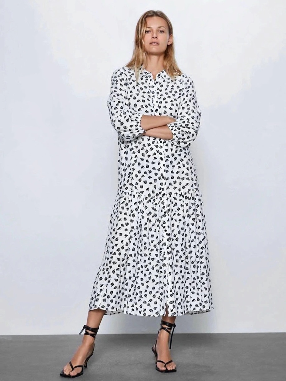 Zara Floral Button Front Midi Dress in White & Black
